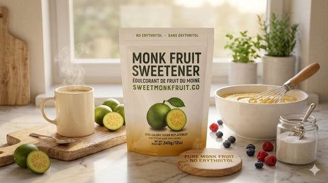 Monk fruit sweetener pouch with baking ingredients on marble counter