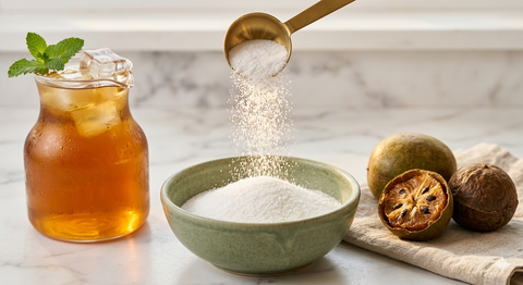 Pure monk fruit sweetener with fresh monk fruit and iced tea