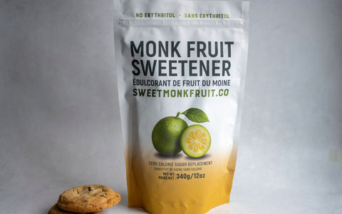 SweetMonkFruit one-to-four sugar sweetness conversion shown with measuring spoons
