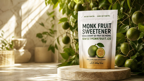 SweetMonkFruit pouch in a sunlit kitchen surrounded by monk fruit vines