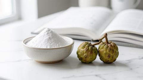Monk fruit sweetener on marble countertop with scientific research journal