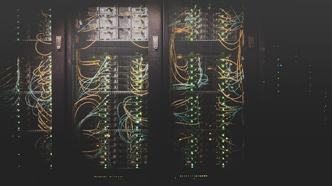 AI data center servers with blue glow