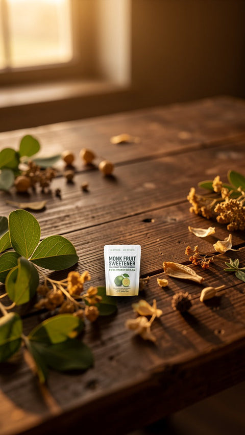 SweetMonkFruit monk fruit sweetener pouch on rustic wooden table