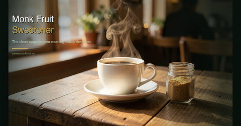 Coffee with monk fruit sweetener on wooden table