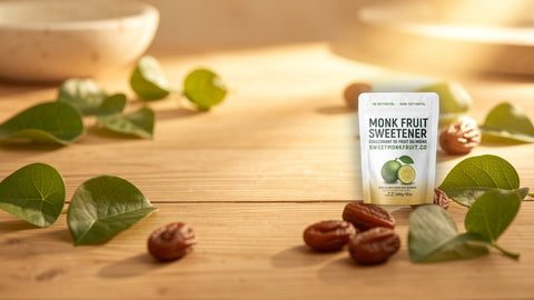 SweetMonkFruit pure monk fruit sweetener pouch on natural tabletop with fresh monk fruit and leaves