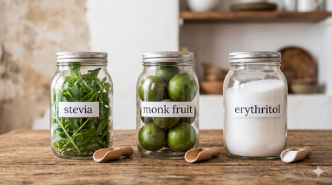 Monk fruit sweetener on wooden table with natural ingredients