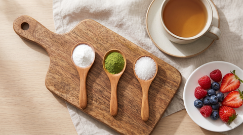 Three natural sweeteners side by side - monk fruit stevia erythritol