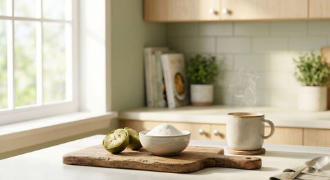 Monk fruit sweetener bowl with limes and coffee on kitchen counter